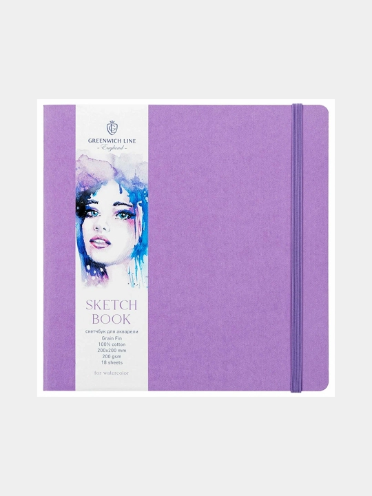 Akvarel uchun sketchbuk 18 ta varaq, 200*200 Greenwich Line, siyohrang, 100% paxta, rezinada - 