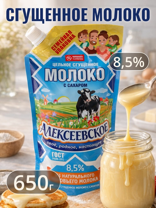 Сгущенное молоко Алексеевское, с сахаром 8.5%, 650 г - 