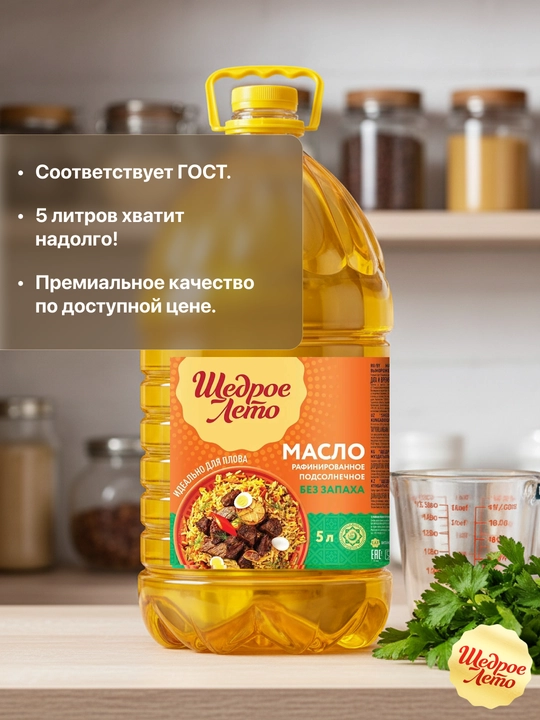 Подсолнечное масло Щедрое лето, рафинированное, 5 л х 3шт