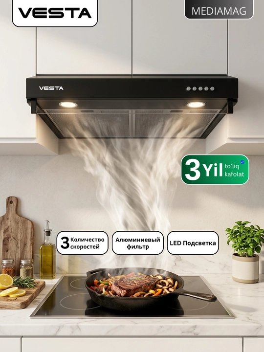 Oshxona dudbo'roni Vesta P-960, 400 m³/soat, LED yoritish, 3 tezlik, 60 sm - 