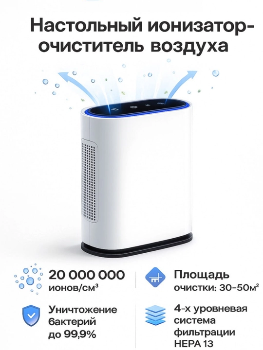 Очиститель воздуха с ионизацией, 6-ступенчатая фильтрация, детский замок, площадь до 50 м² - 