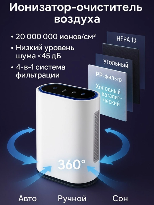 Очиститель воздуха с ионизацией, 6-ступенчатая фильтрация, детский замок, площадь до 50 м²