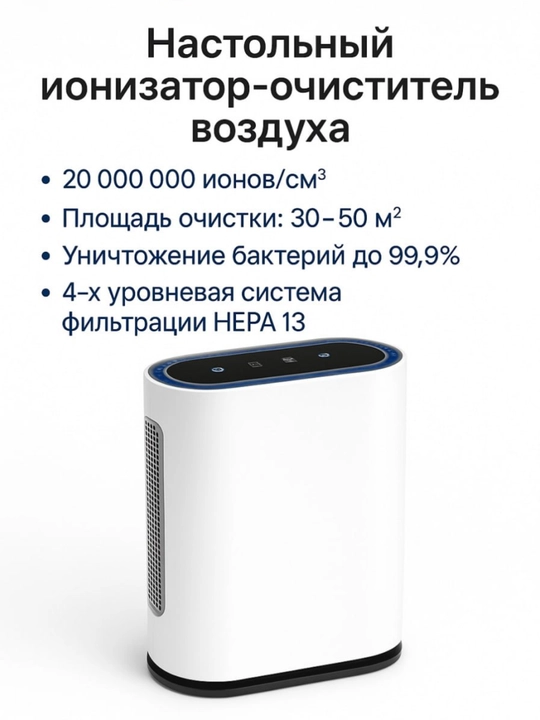Очиститель воздуха с ионизацией, 6-ступенчатая фильтрация, детский замок, площадь до 50 м²