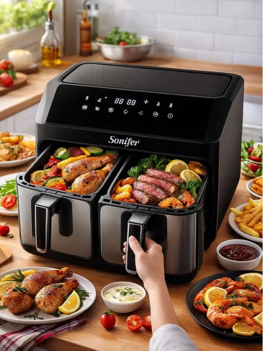 Elektr aerogril 2 ta savatli, 12 L + 8 L, yog‘siz frityur air fryer - 
