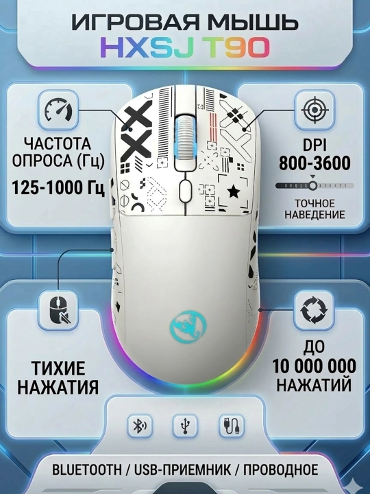 Simsiz o‘yin sichqonchasi HXSJ T90 RGB, kompyuter sichqonchasi 3600 DPI, 1000Hz - 