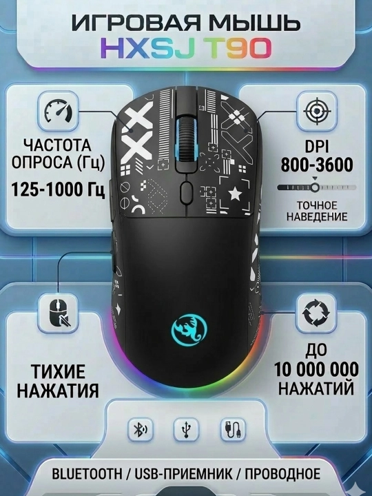 Беспроводная игровая мышь HXSJ T90 RGB, компьютерная мышь 3600 DPI, 1000Hz - 