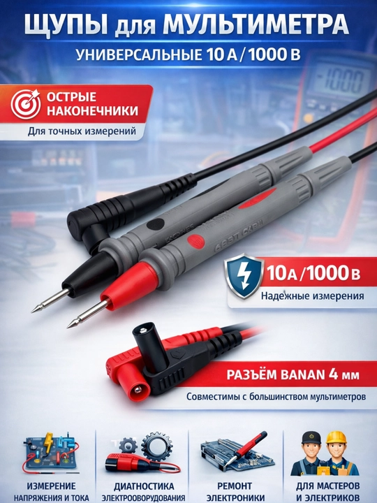 Щупы для мультиметра 10A 1000V универсальные, тестовые провода с острыми иглами, разъемами - 