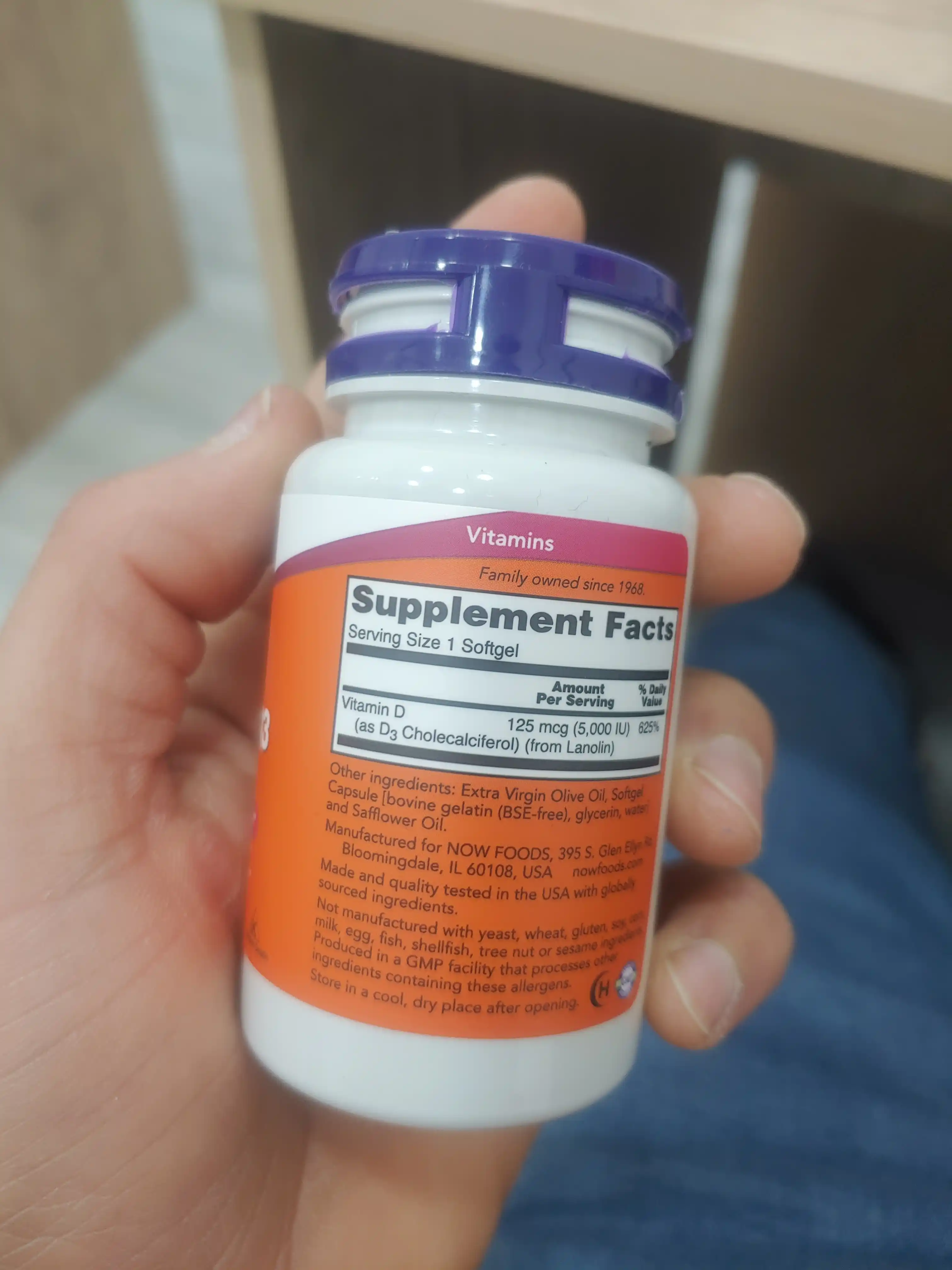 Vitaminlar D3 Now Foods, 5000 IU, 125 mkg, 120 kapsula