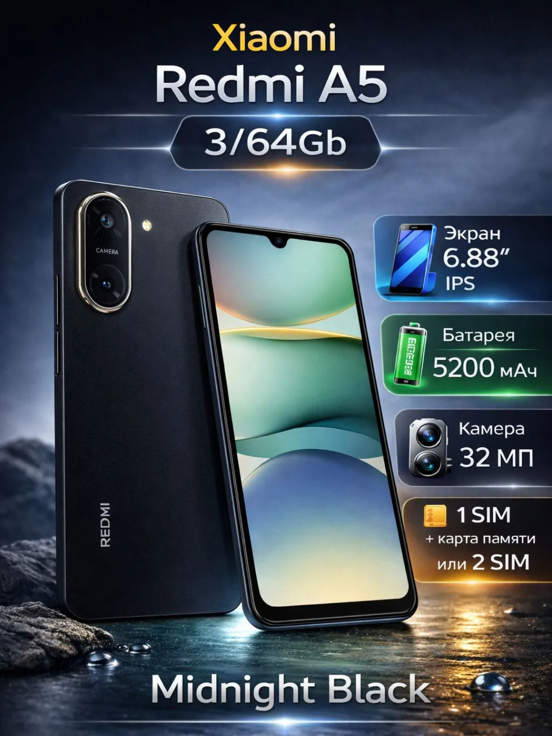 Смартфон Xiaomi Redmi A5, 6.88 IPS дисплей, 32 Мп камера, батарея 5200 мАч за 1399000 сум со скидкой 86%. Uzum Market