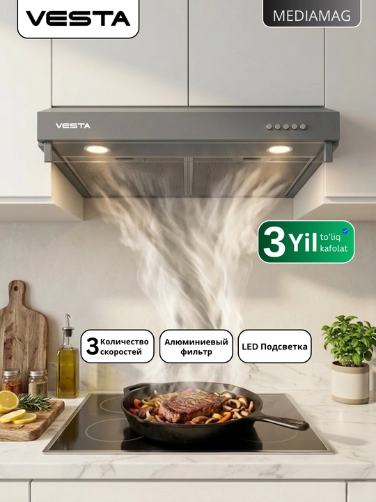 Oshxona dudbo'roni Vesta P-960, 400 m³/soat, LED yoritish, 3 tezlik, 60 sm - 