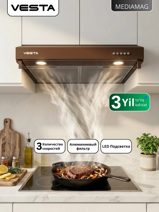 Oshxona dudbo'roni Vesta P-960, 400 m³/soat, LED yoritish, 3 tezlik, 60 sm - 