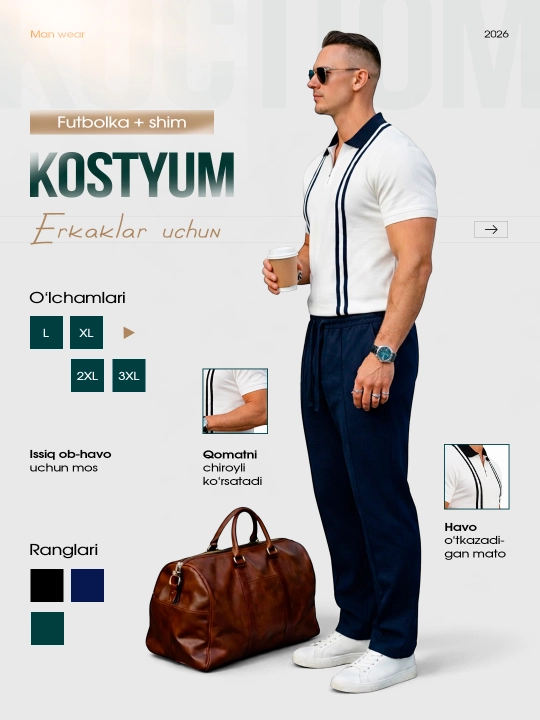 Ikki qismli erkaklar to'plami, polo ko'ylak va shimlar, kundalik, Nasem