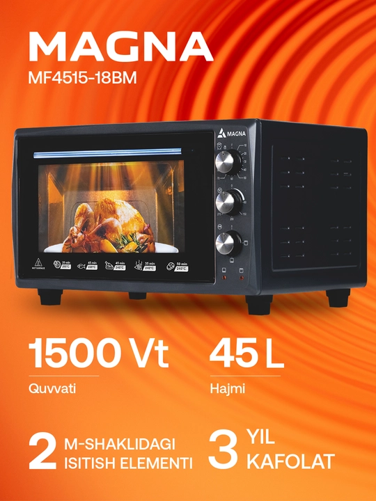Mini pech MAGNA MF4515-18BM, hajmi 45 litr, quvvati 1500 Vt