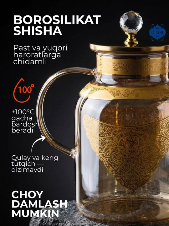 Choynak Issiqlikka chidamli shishadan yasalgan, prujinali elakli bezakli shisha choynak