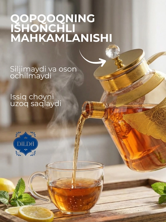 Choynak Issiqlikka chidamli shishadan yasalgan, prujinali elakli bezakli shisha choynak