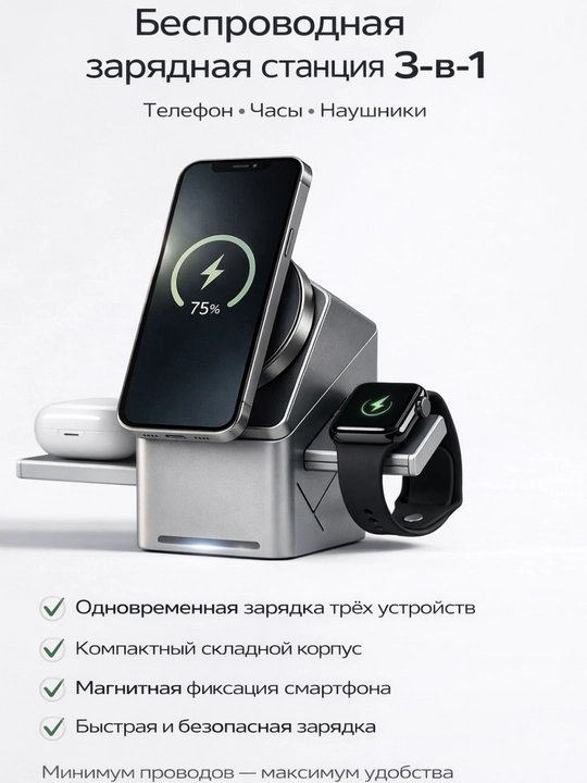 Беспроводная зарядная станция 3-в-1 магнитная для телефона, часов и наушников - 