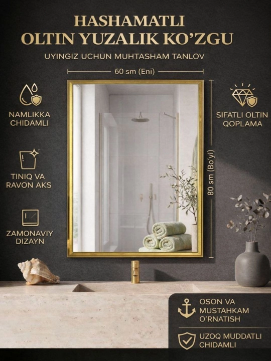 Vannaxona uchun devorga osiladigan oyna 80×60 sm zamonaviy oynalar