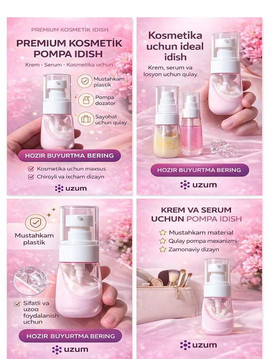 Krem,shampun, konditsioner,serum va vositalarini saqlash uchun qulay pompa dozatorli flako
