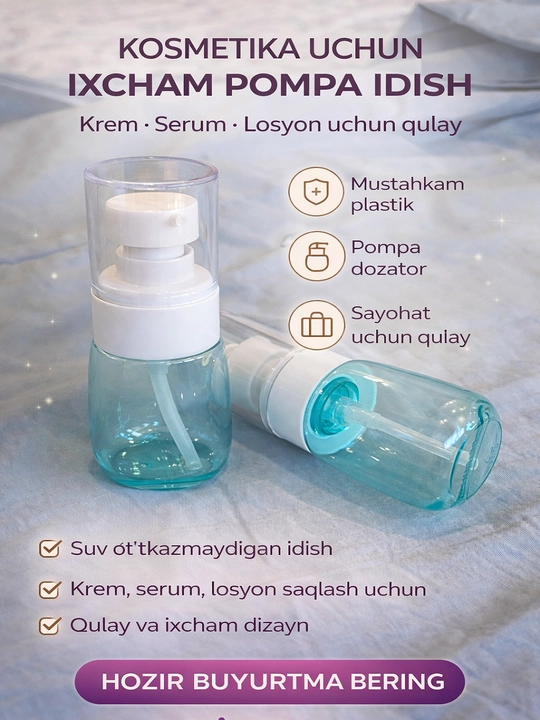Krem,shampun, konditsioner,serum va vositalarini saqlash uchun qulay pompa dozatorli flako - 