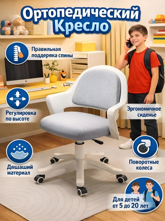 Детское учебное кресло с подлокотниками, подставкой для ног и регулируемой высотой