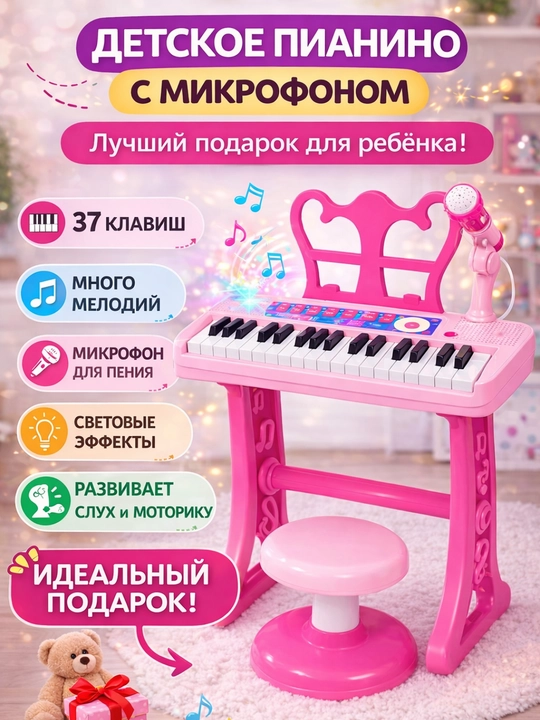 Детское пианино с микрофоном, детский музыкальный инструмент, игрушка пианино со стулом - 