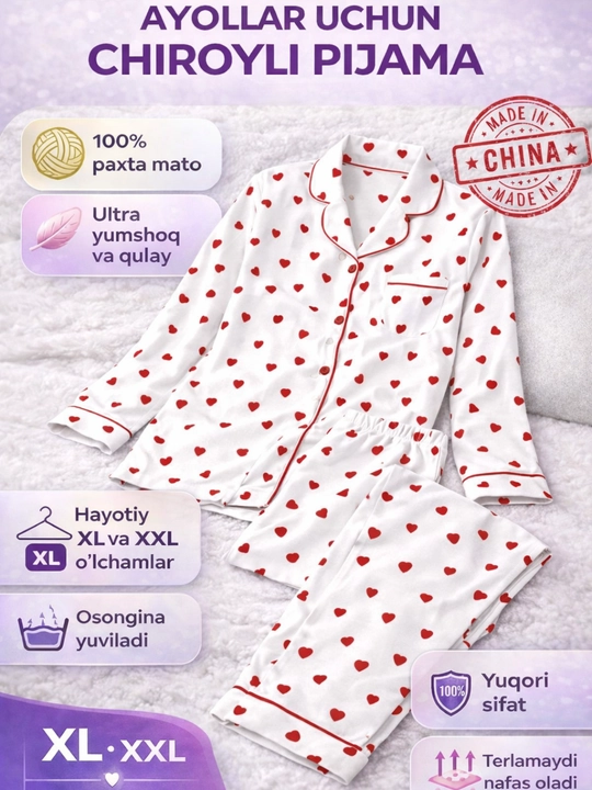 Ayollar pijamasi. Uy kiyimi,  pijama, paxtalik. Tepa past pijama