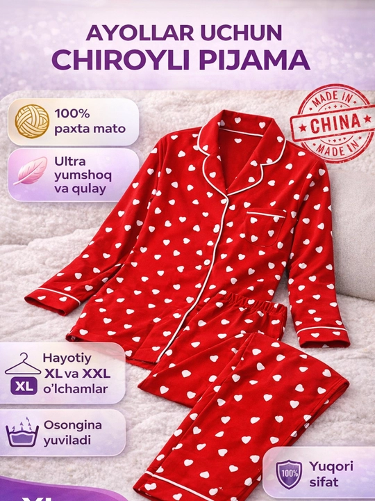 Ayollar pijamasi. Uy kiyimi,  pijama, paxtalik. Tepa past pijama