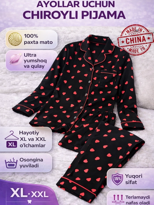 Ayollar pijamasi. Uy kiyimi,  pijama, paxtalik. Tepa past pijama
