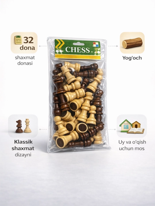 Yog‘och shaxmat donalari to‘plami, klassik stol o‘yini - 