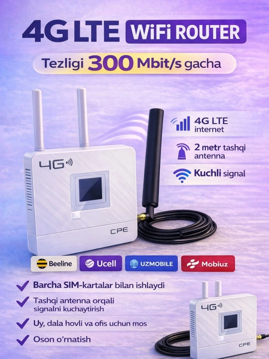 4G LTE WiFi router CPE tashqi antenna 2 m bilan, tezlik 300 Mbit/s gacha, SIM - 