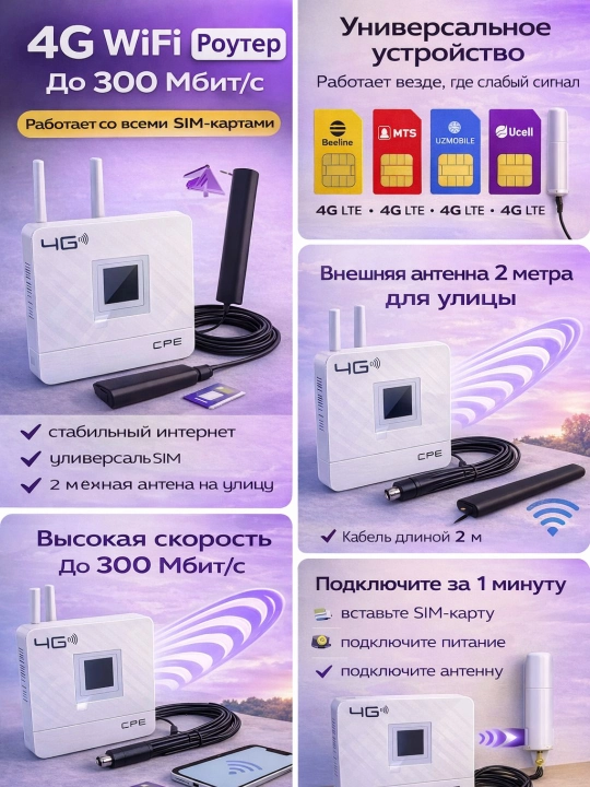 4G LTE WiFi router CPE tashqi antenna 2 m bilan, tezlik 300 Mbit/s gacha, SIM
