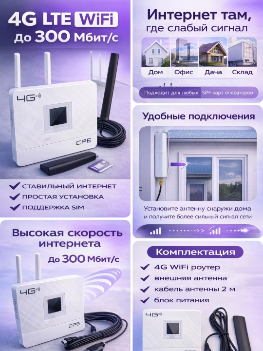 4G LTE WiFi router CPE tashqi antenna 2 m bilan, tezlik 300 Mbit/s gacha, SIM