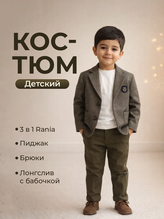 Костюм для мальчиков, 3 в 1: шерстяной пиджак, джинсы и хлопковый лонгслив - 