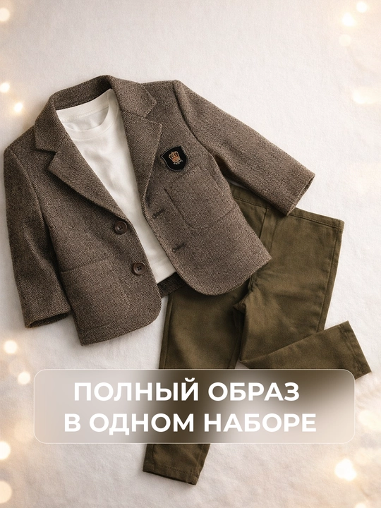 Костюм для мальчиков, 3 в 1: шерстяной пиджак, джинсы и хлопковый лонгслив