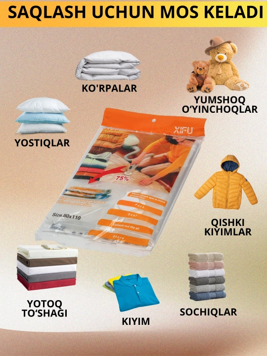 Buyum va kiyimlarni saqlash uchun vakuumli paket-qop