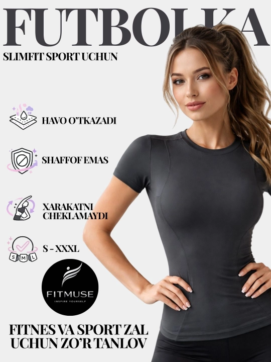 Fitnes uchun Slimfit FITMUSE ayollar futbolkasi, sport uchun ayollar kompression rashgardi