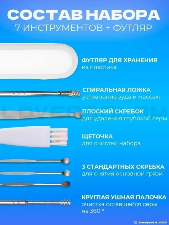 Набор для чистки ушей от серы из нержавеющей стали 6 шт