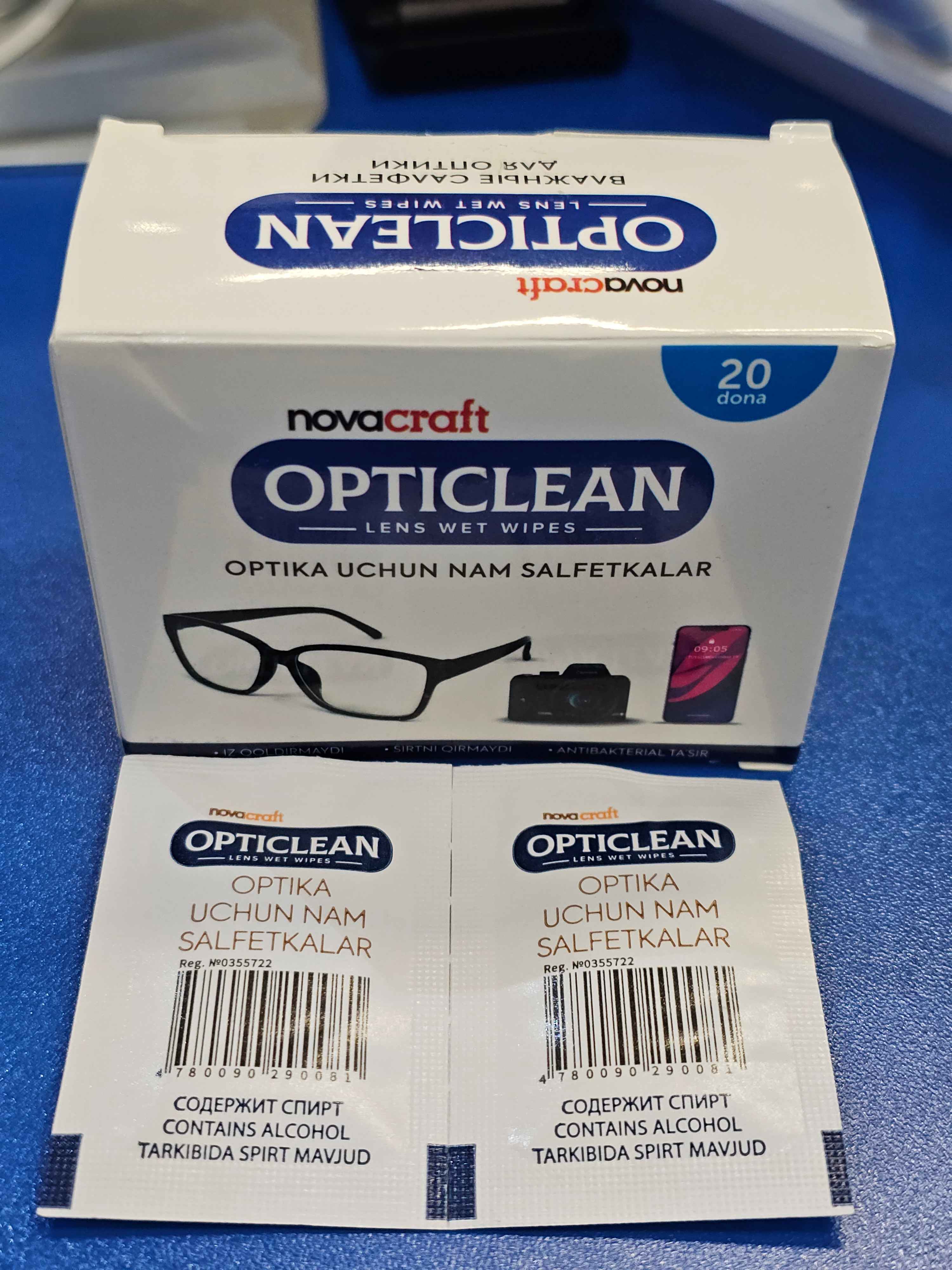 Opticlean ko‘zoynak va gadjet ekranlari uchun nam salfetkalar, 20 dona