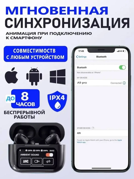 Simsiz quloqchinlar va displey, Pods 3, ANC, sensorli ekran, qora