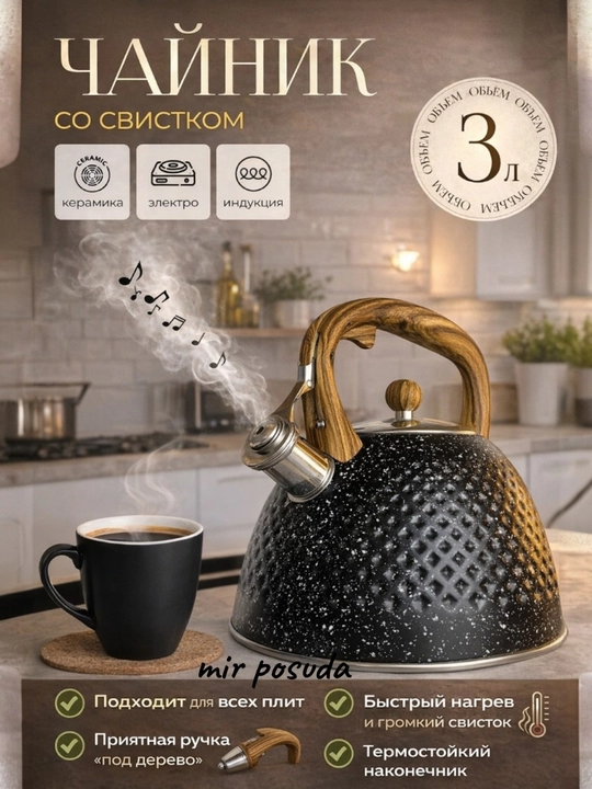 Katta Hajmli 3 L Hushtakli Choynak — Har Xil Plitalar Uchun Mos, Mat Sirt - 