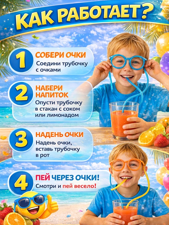 Очки трубочка для напитков, трубочка очки детские, многоразовая трубочка