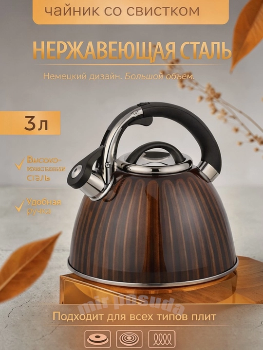 Katta Hajmli 3 L Hushtakli Choynak — Har Xil Plitalar Uchun Mos, Mat Sirt - 