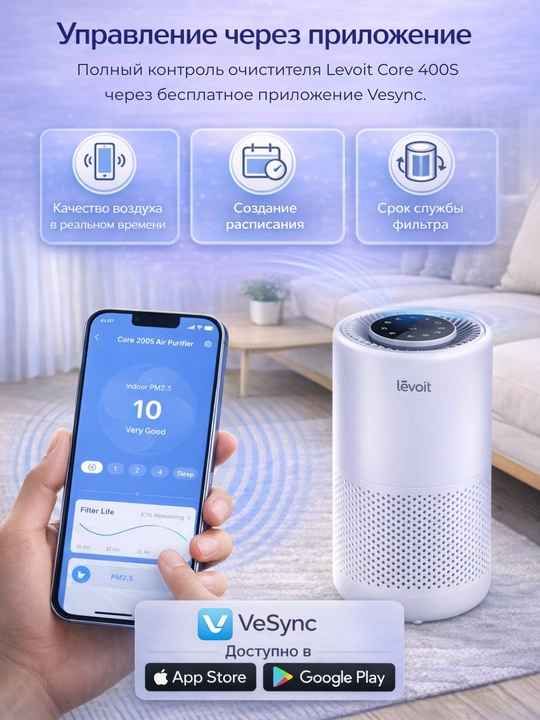 Levoit Core 400S Wi-Fi boshqaruvli havo tozalagich 83 m² gacha xonalar uchun HEPA H13