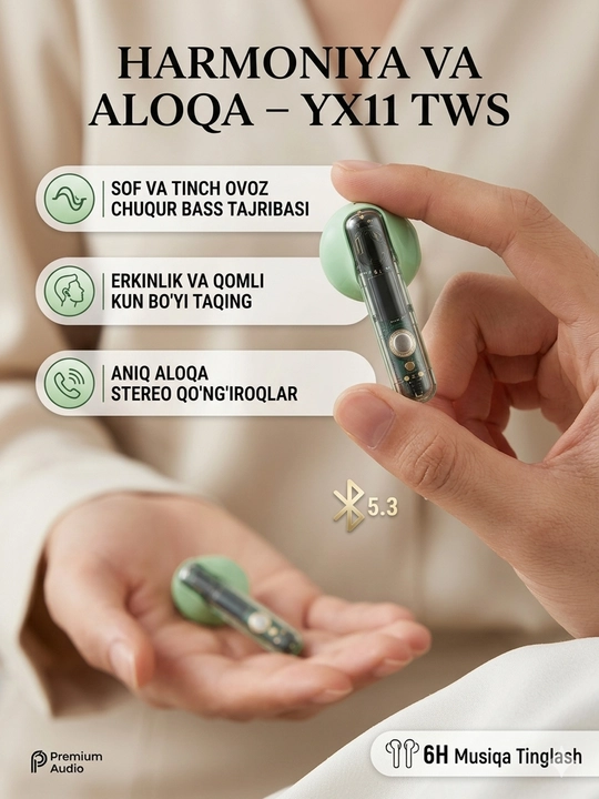 Sim-siz TWS Quloqchinlar YX11 – sof bas va 22 soatgacha musiqa