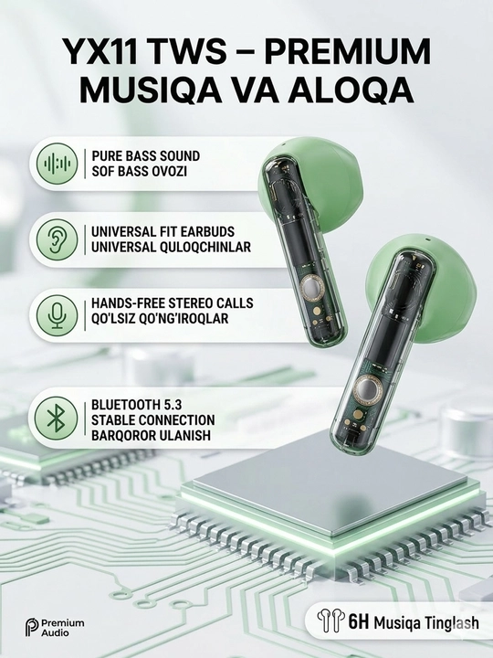 Sim-siz TWS Quloqchinlar YX11 – sof bas va 22 soatgacha musiqa