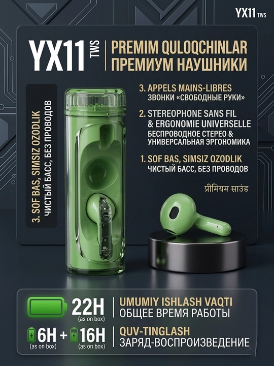 Sim-siz TWS Quloqchinlar YX11 – sof bas va 22 soatgacha musiqa
