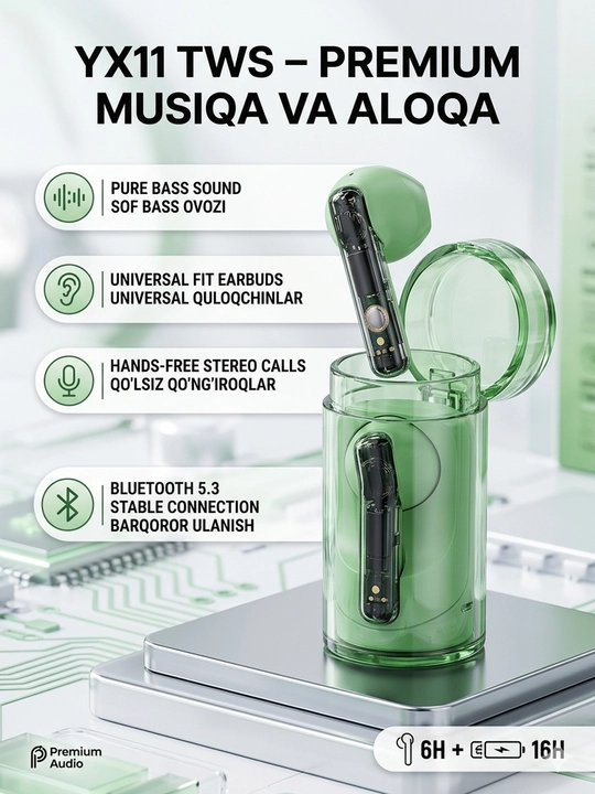 Sim-siz TWS Quloqchinlar YX11 – sof bas va 22 soatgacha musiqa