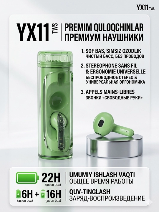 Sim-siz TWS Quloqchinlar YX11 – sof bas va 22 soatgacha musiqa