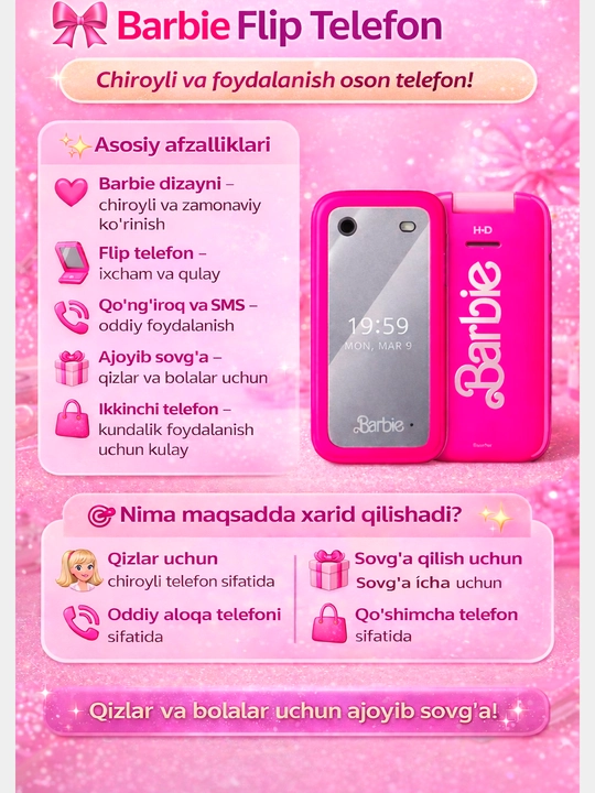 Barbie Nokia 2660.Qizlar va ayollar uchun ajoyib tanlov. UZIME’da ro‘yxatdan o‘tgan