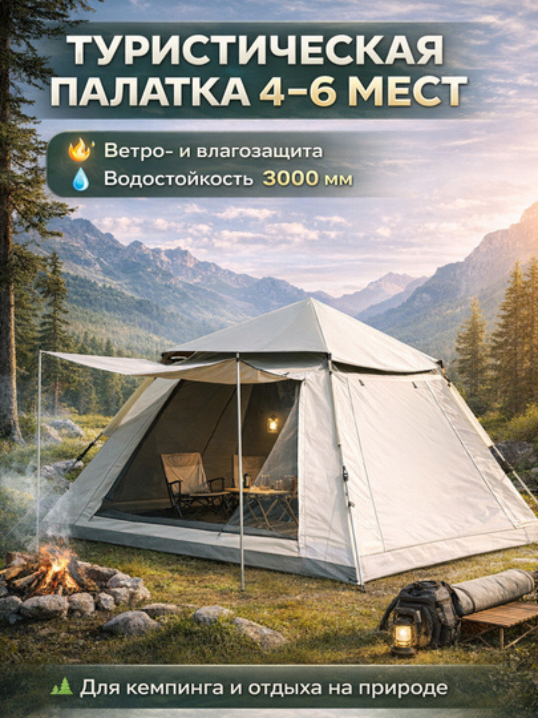 Палатка для кемпинга 4–6 мест, туристическая, навес, москитная сетка, 3000 мм - 
